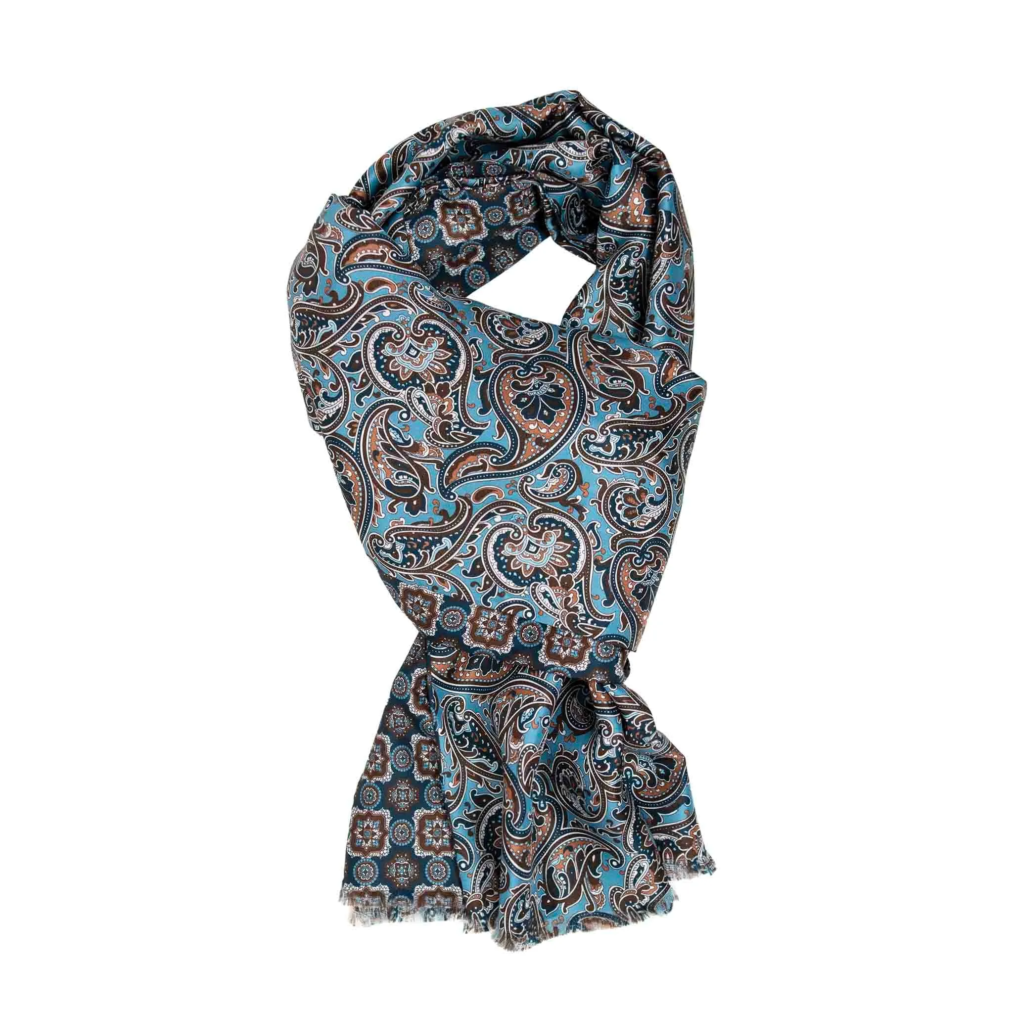 Light Blue with Brown Paisley and Medallions Silk Scarf
