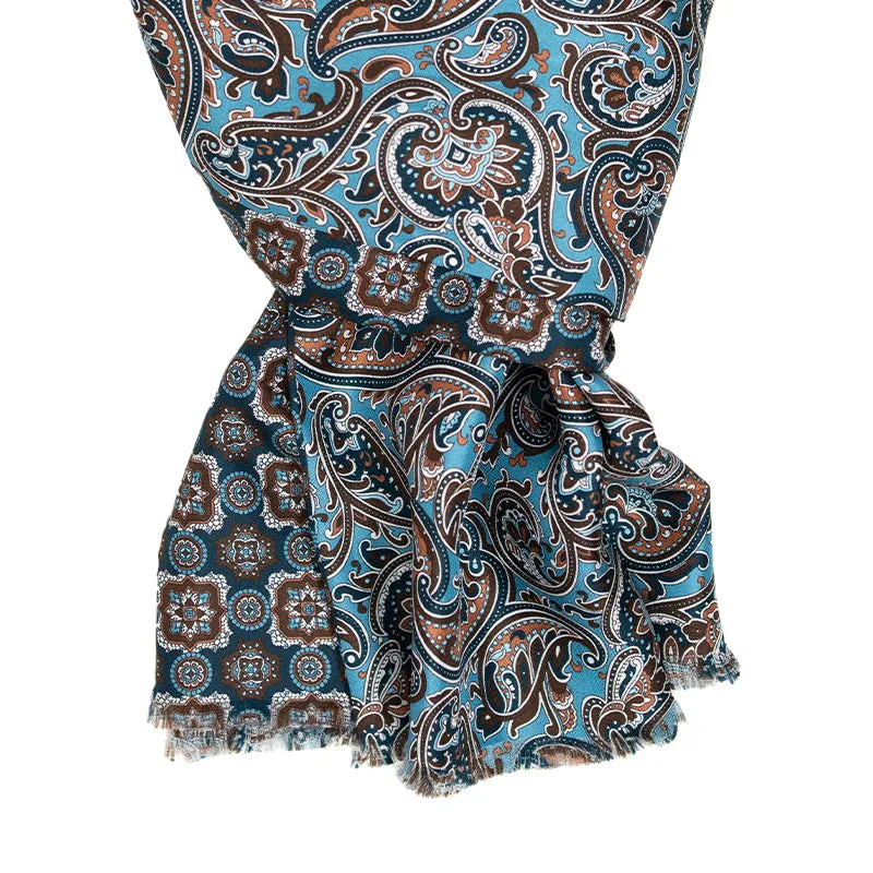 Light Blue with Brown Paisley and Medallions Silk Scarf