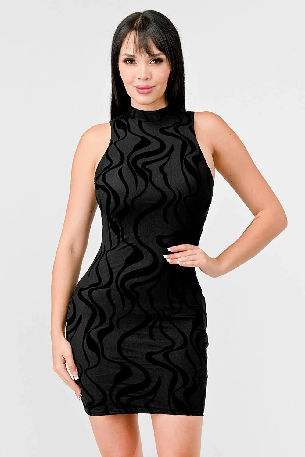 LUXE ABSTRACT MESH VELVET FLOCKING MINI DRESS