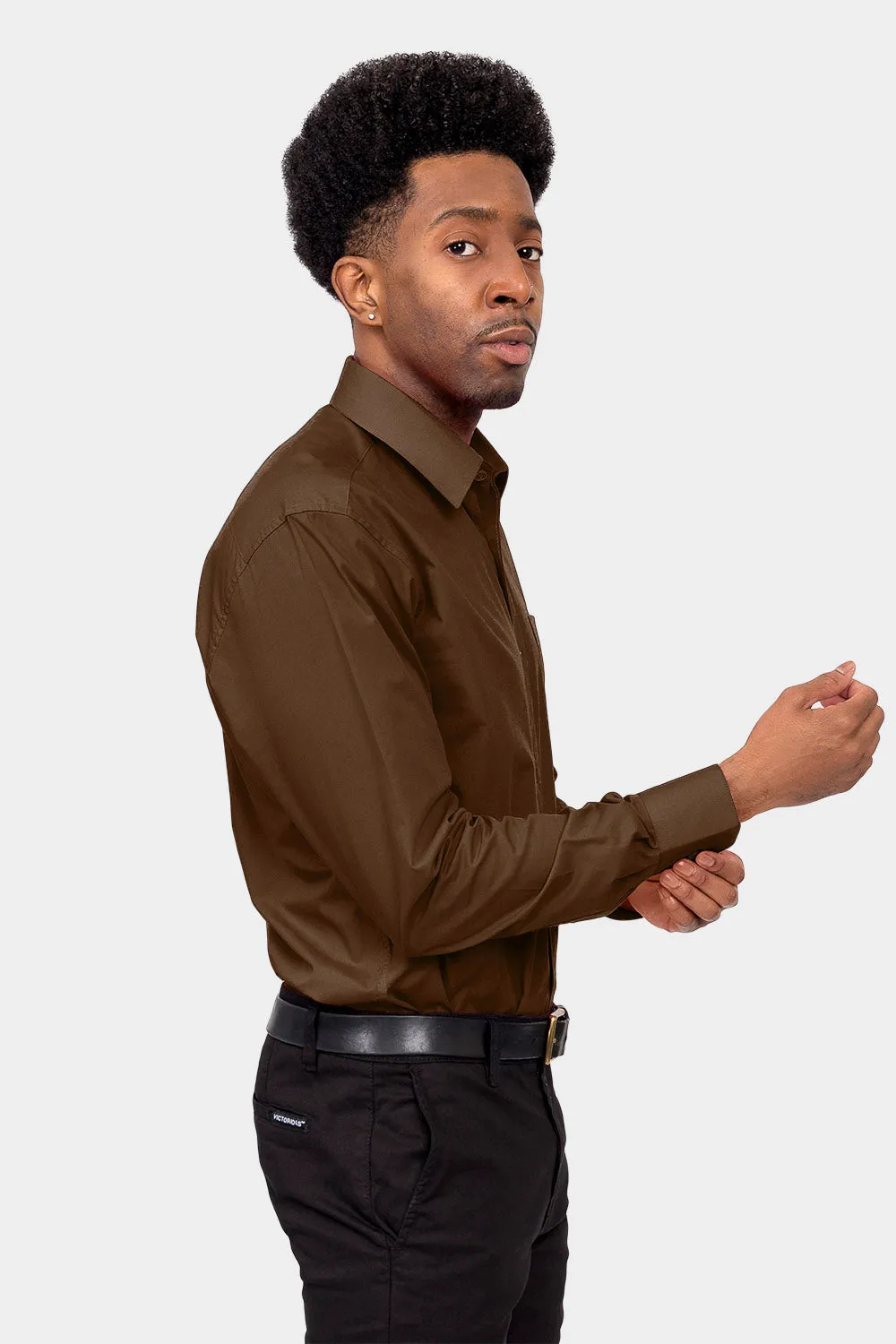 Men's Basic Solid Color Button Up Dress Shirt (Brown)
