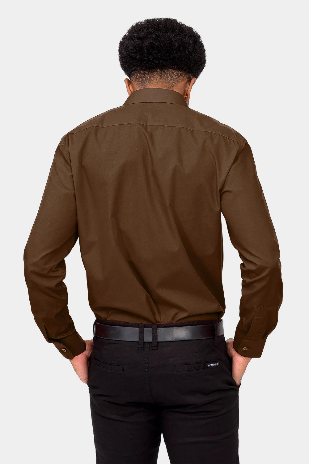 Men's Basic Solid Color Button Up Dress Shirt (Brown)