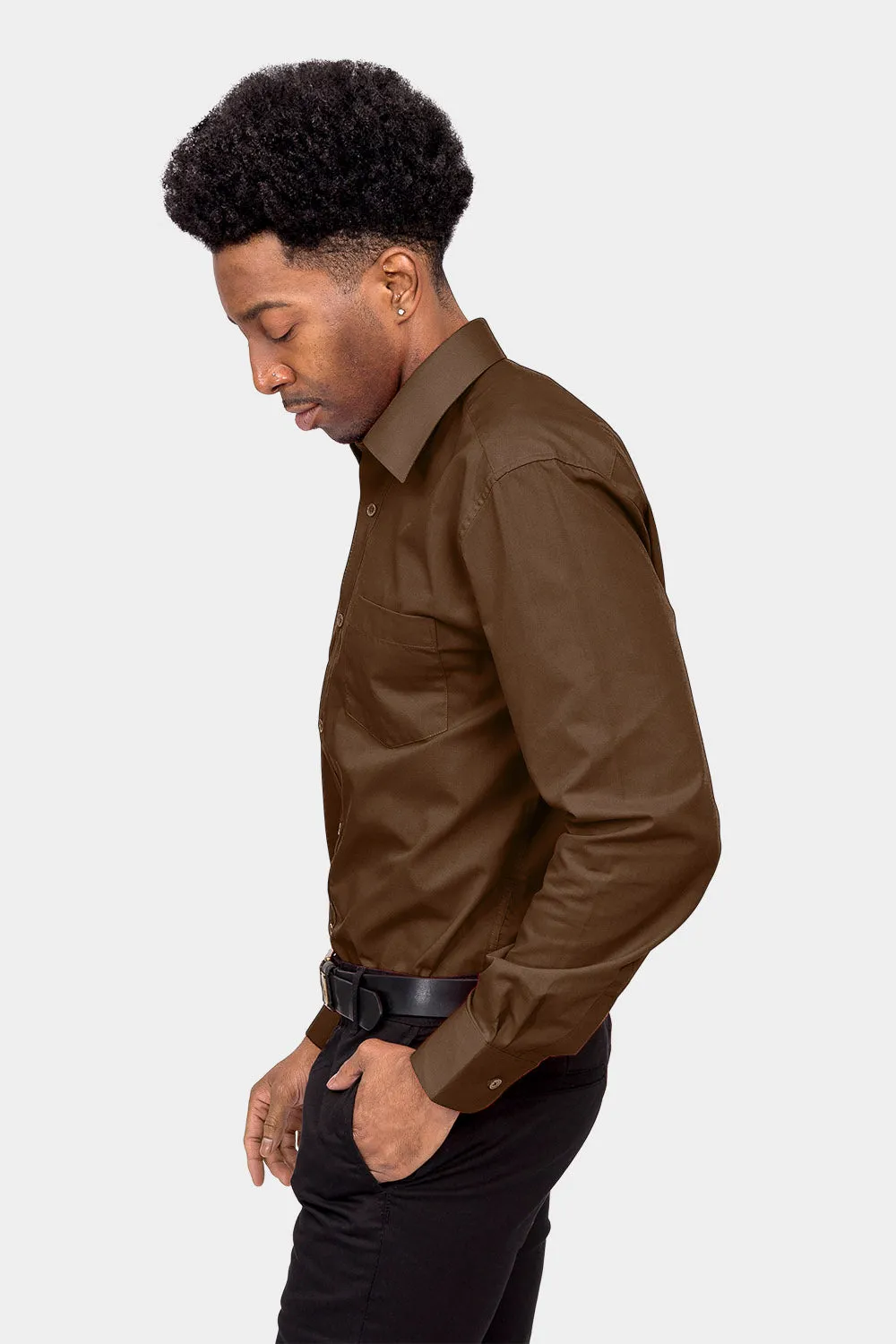 Men's Basic Solid Color Button Up Dress Shirt (Brown)