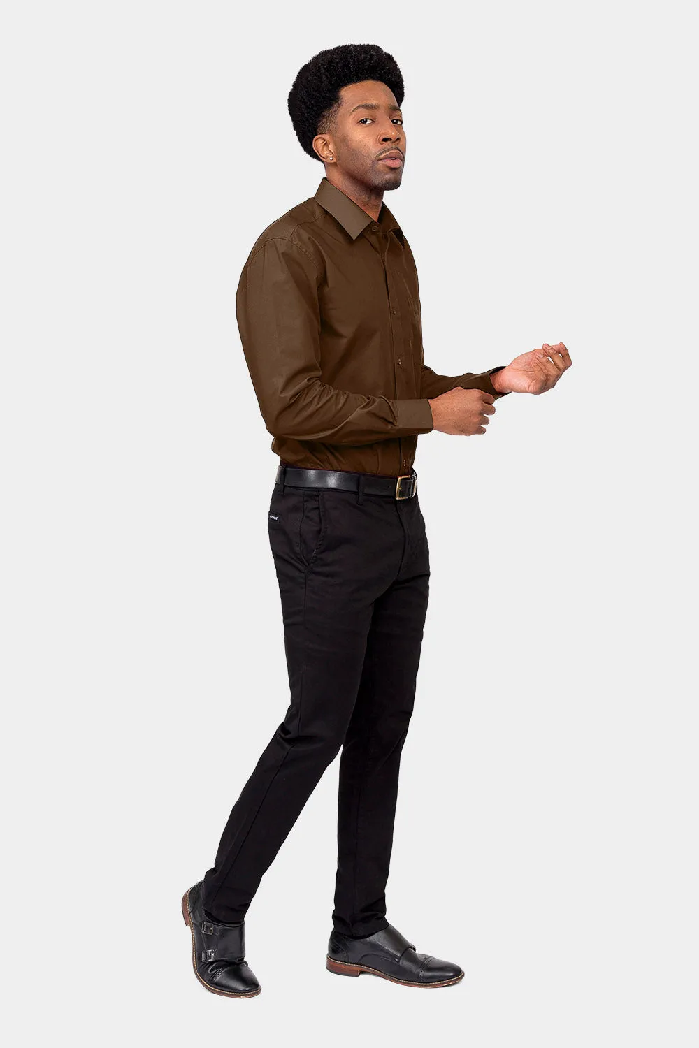Men's Basic Solid Color Button Up Dress Shirt (Brown)