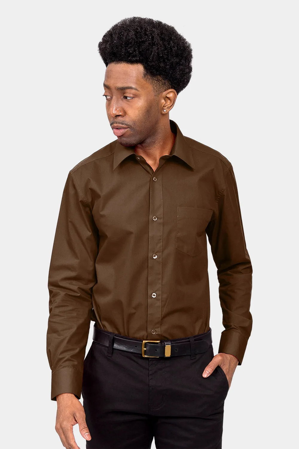 Men's Basic Solid Color Button Up Dress Shirt (Brown)