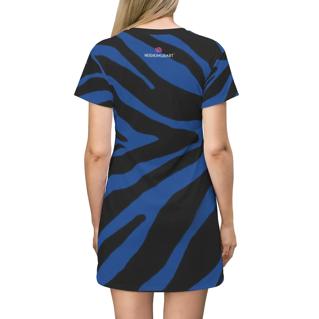 Navy Blue Zebra T-Shirt Dress, Zebra Animal Print Crew Neck Long Tee Shirt Dress - Made in USA