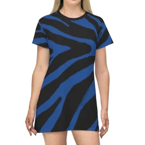 Navy Blue Zebra T-Shirt Dress, Zebra Animal Print Crew Neck Long Tee Shirt Dress - Made in USA