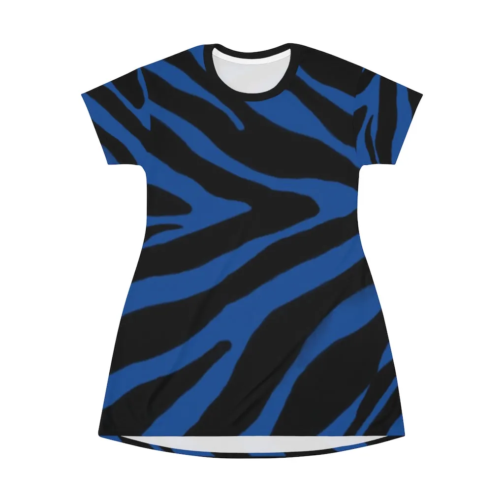 Navy Blue Zebra T-Shirt Dress, Zebra Animal Print Crew Neck Long Tee Shirt Dress - Made in USA