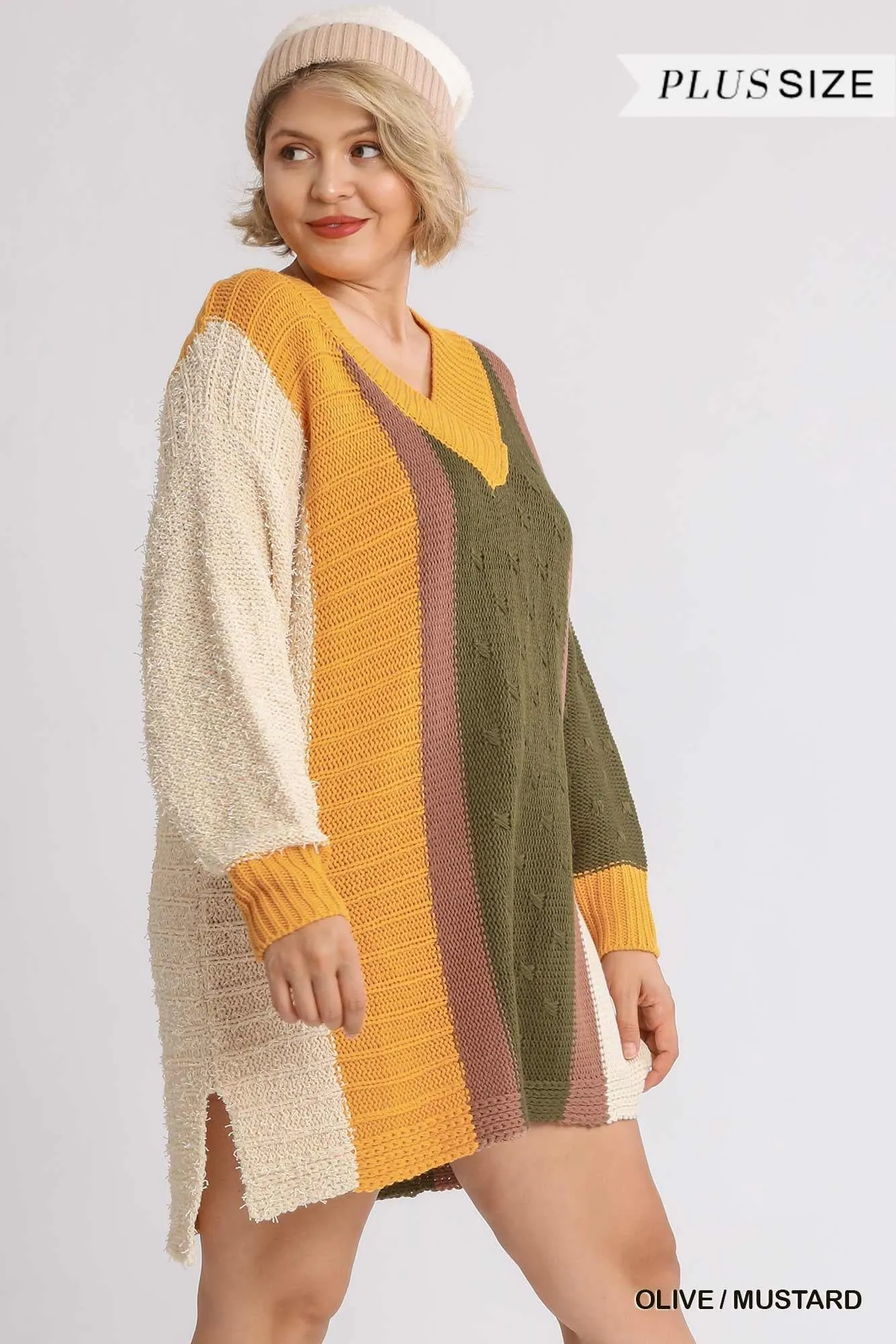 Oversized Multicolor Boucle V-neck Pullover Sweater Dress With Side Slit