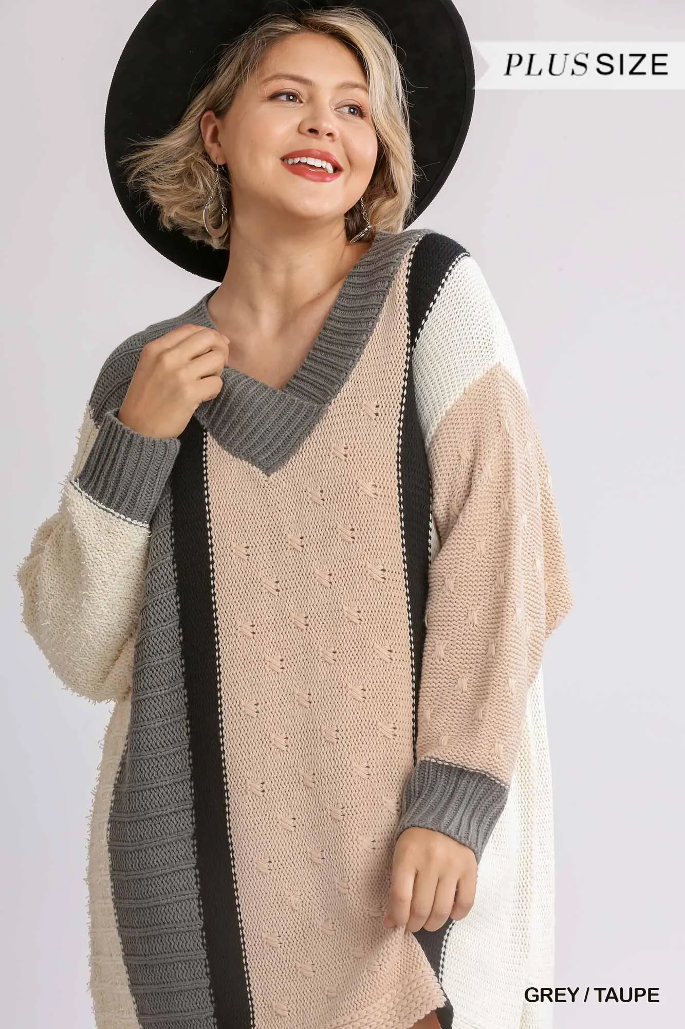 Oversized Multicolor Boucle V-neck Pullover Sweater Dress With Side Slit
