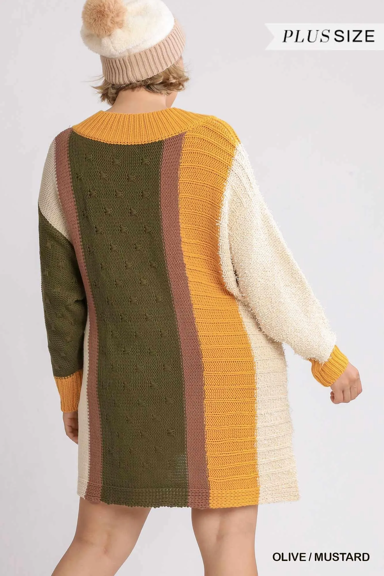 Oversized Multicolor Boucle V-neck Pullover Sweater Dress With Side Slit