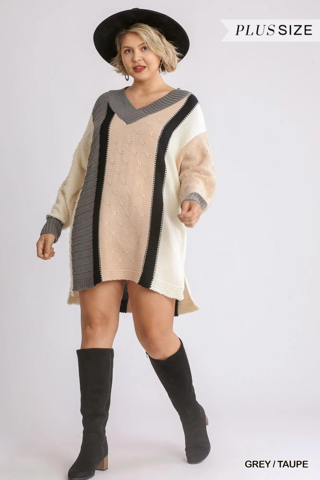 Oversized Multicolor Boucle V-neck Pullover Sweater Dress With Side Slit