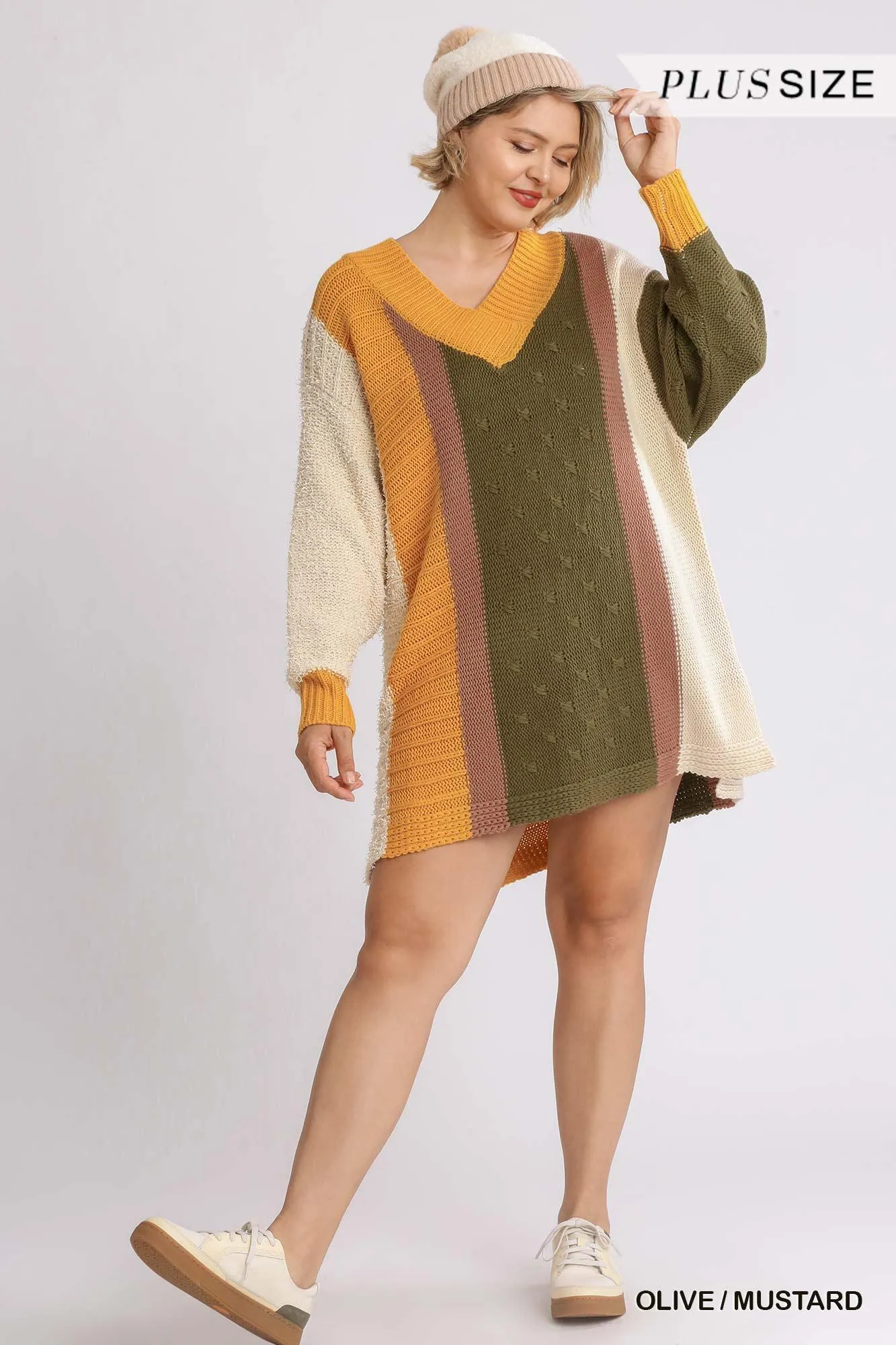 Oversized Multicolor Boucle V-neck Pullover Sweater Dress With Side Slit