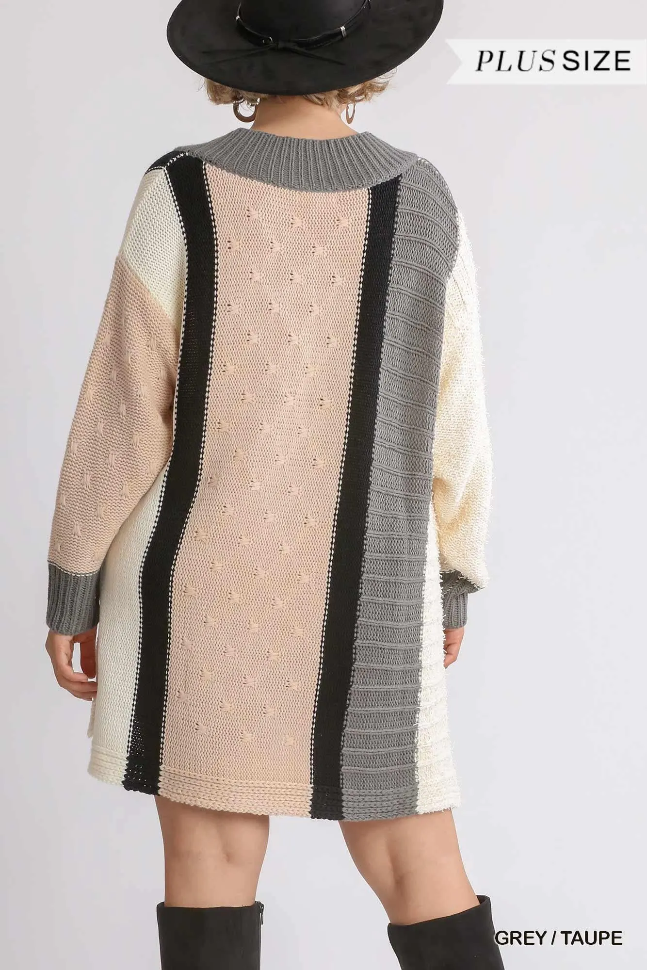 Oversized Multicolor Boucle V-neck Pullover Sweater Dress With Side Slit