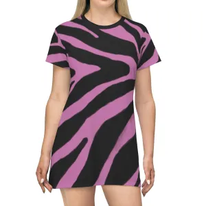 Pink Zebra T-Shirt Dress, Zebra Animal Print Crew Neck Long Tee Shirt Dress - Made in USA