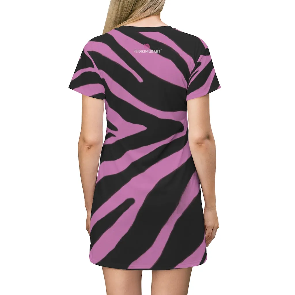 Pink Zebra T-Shirt Dress, Zebra Animal Print Crew Neck Long Tee Shirt Dress - Made in USA