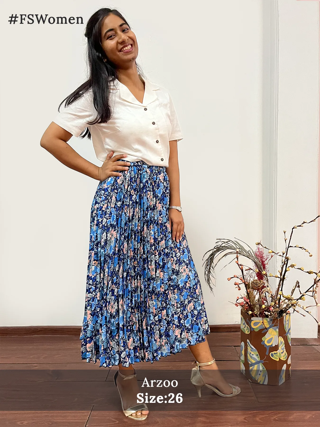 Pleated Flared Floral Midi Skirt - Blue