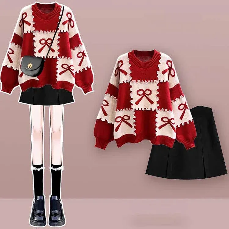 Preppy Bowknot Colorblock Sweater Plaid Pleated Skirt Two Piece Set