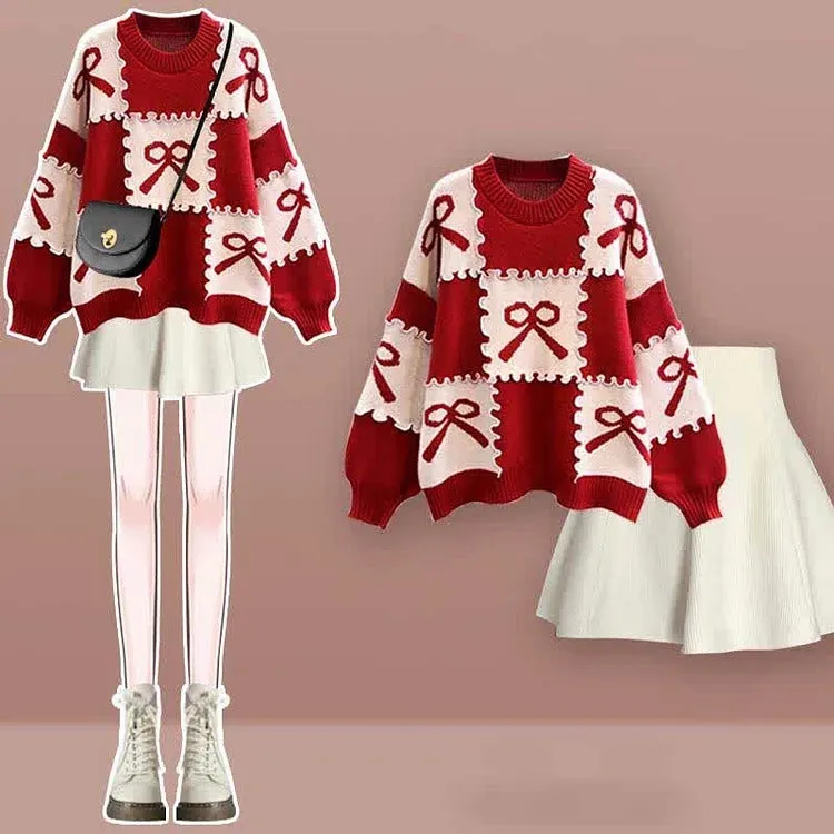 Preppy Bowknot Colorblock Sweater Plaid Pleated Skirt Two Piece Set