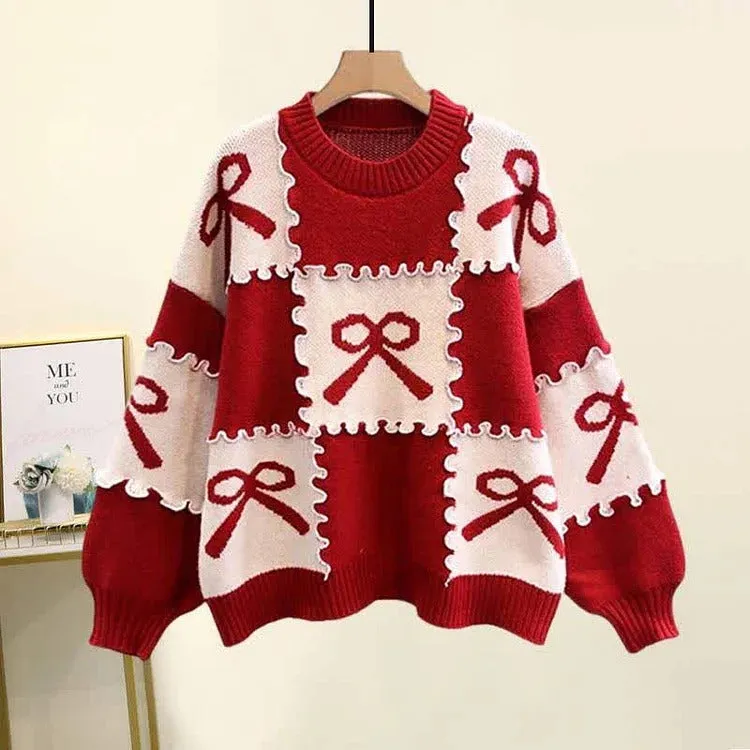 Preppy Bowknot Colorblock Sweater Plaid Pleated Skirt Two Piece Set