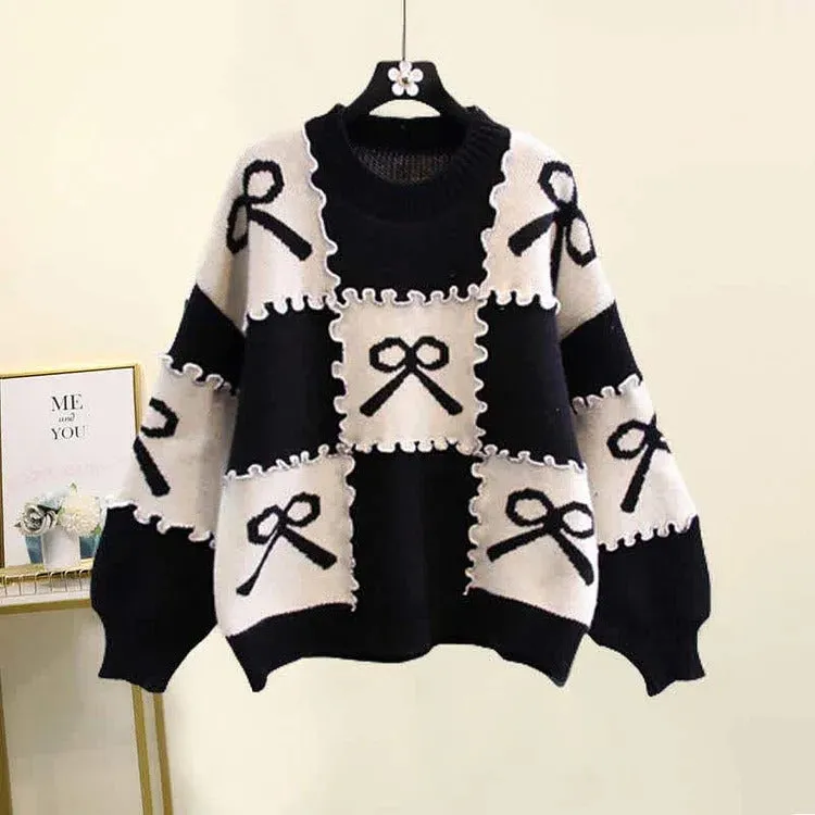 Preppy Bowknot Colorblock Sweater Plaid Pleated Skirt Two Piece Set