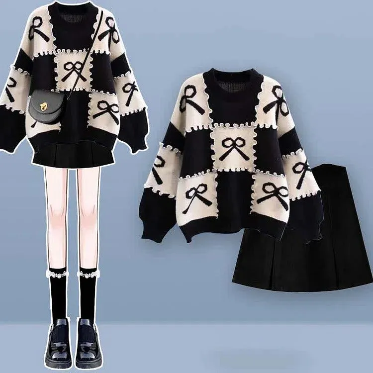 Preppy Bowknot Colorblock Sweater Plaid Pleated Skirt Two Piece Set