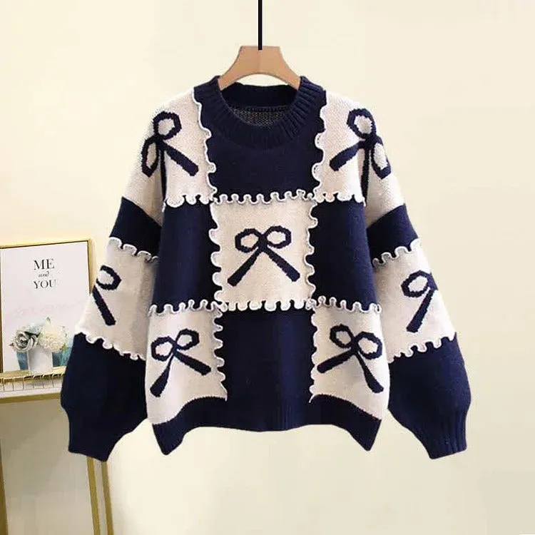 Preppy Bowknot Colorblock Sweater Plaid Pleated Skirt Two Piece Set