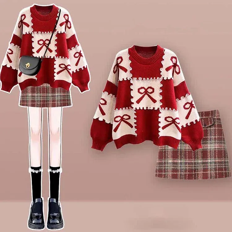 Preppy Bowknot Colorblock Sweater Plaid Pleated Skirt Two Piece Set