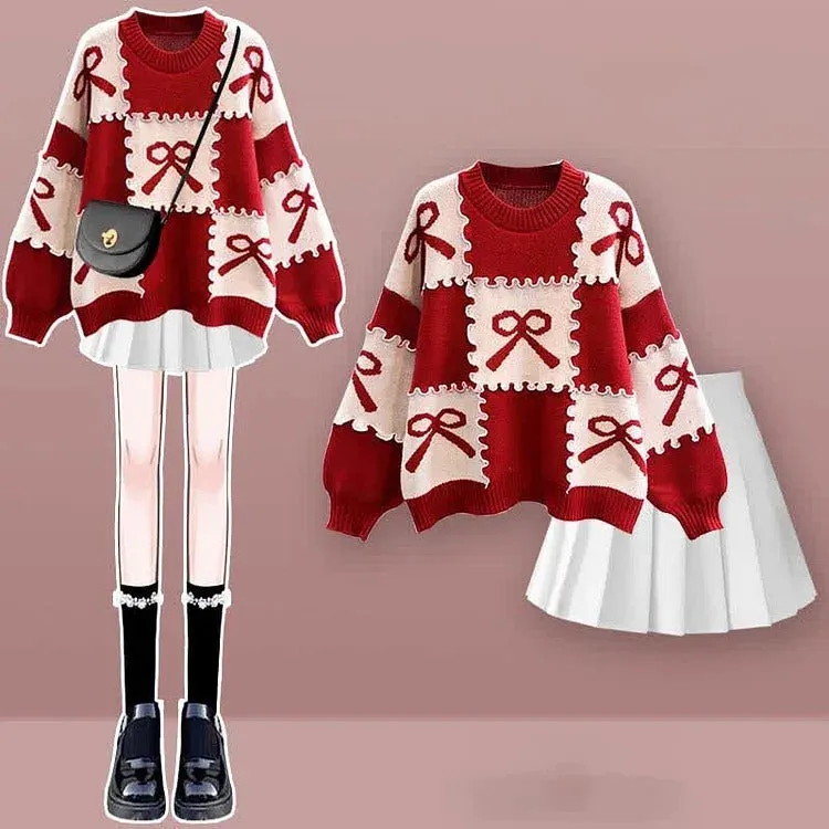Preppy Bowknot Colorblock Sweater Plaid Pleated Skirt Two Piece Set