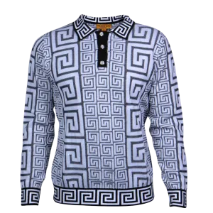 Prestige White Polo Sweaters Long Sleeves Greek Key Trim Design