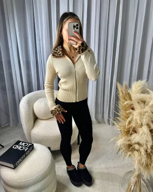 Renee Faux Fur Leopard Detail Collared Zip Detail Top - Beige