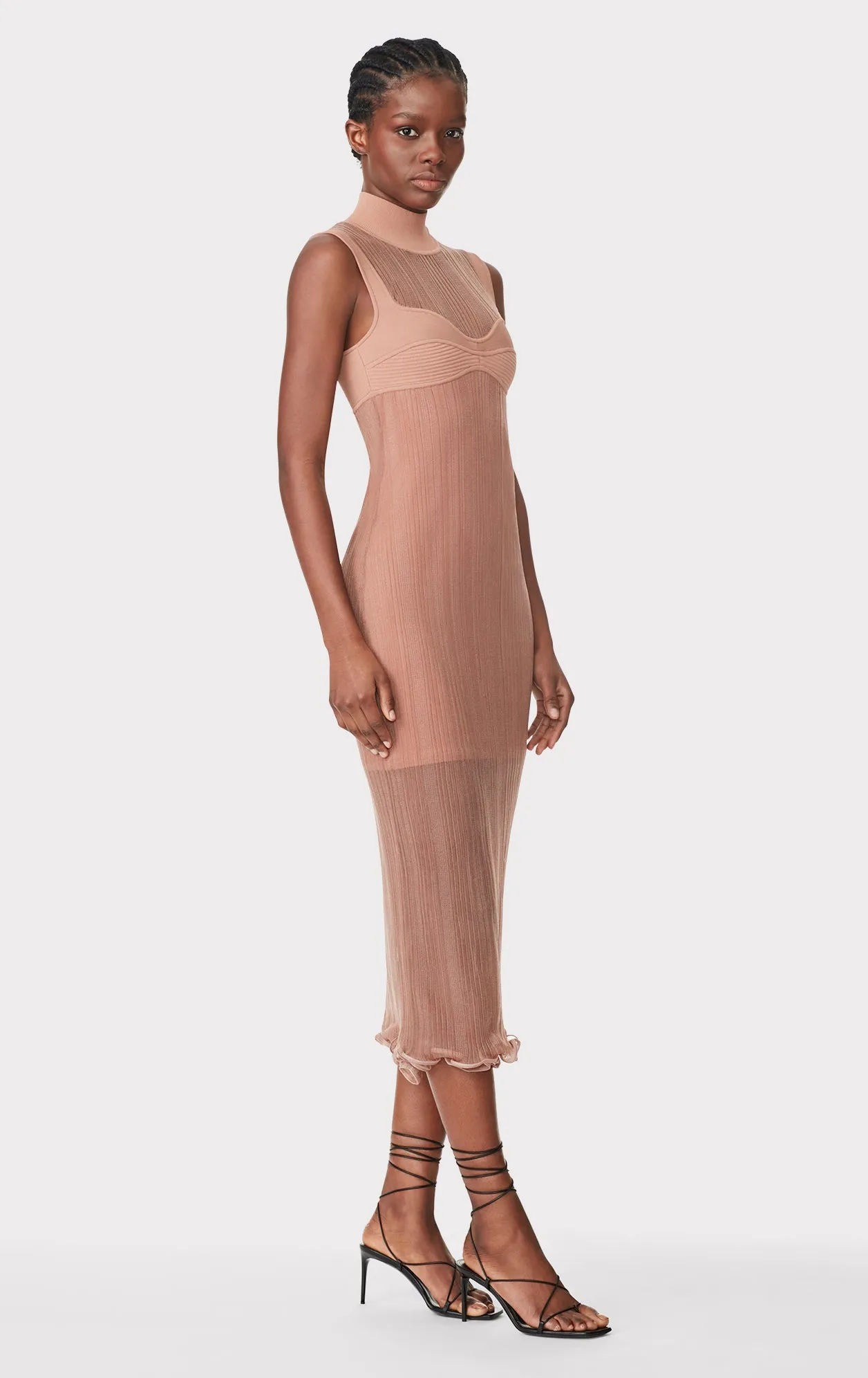 SHEER LAYERED MIDI DRESS W/ RUFFLE