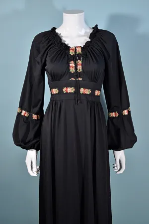 SOLD Vintage 70s Black Hippie Maxi Dress, Floral Accents by Jody of Calif XS/S