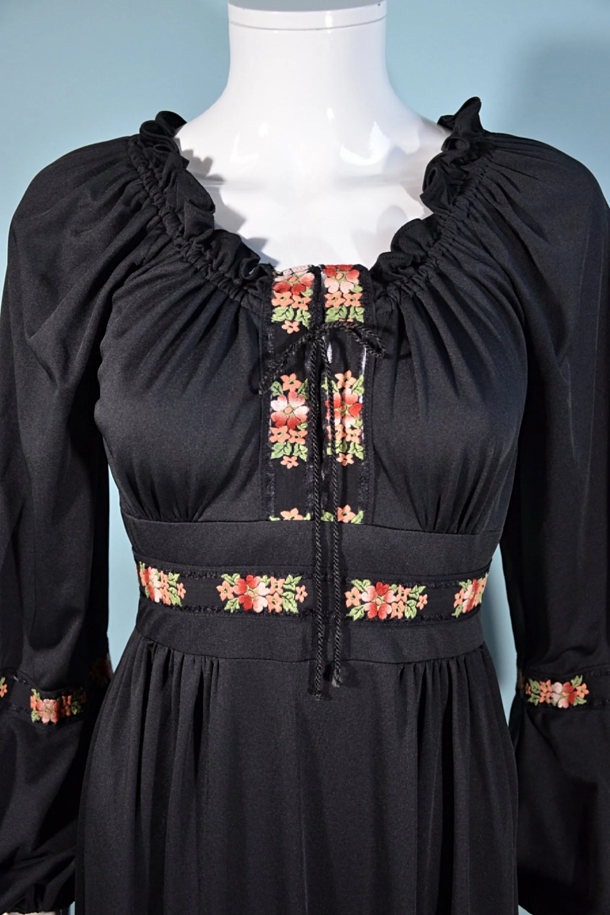 SOLD Vintage 70s Black Hippie Maxi Dress, Floral Accents by Jody of Calif XS/S