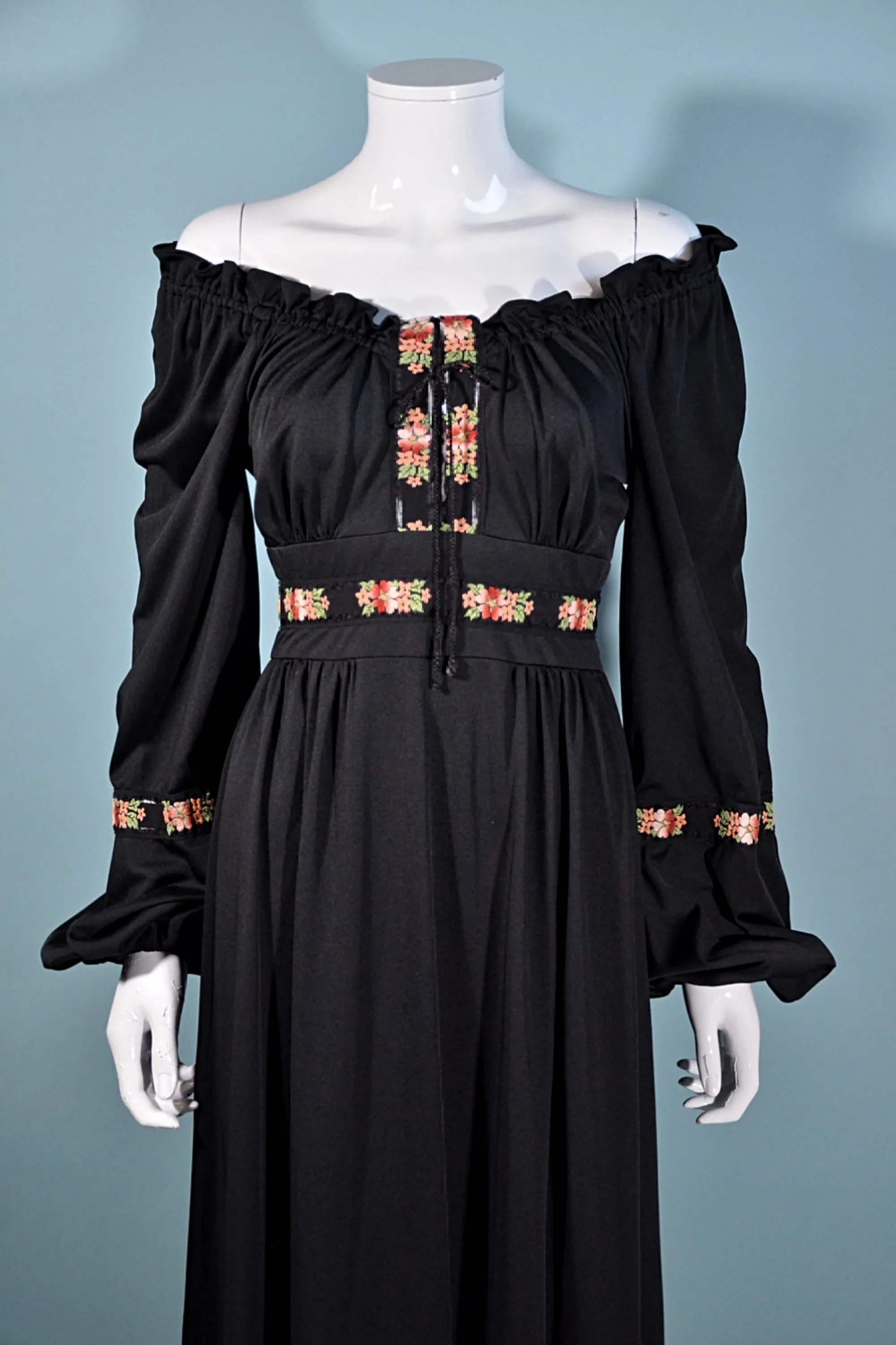 SOLD Vintage 70s Black Hippie Maxi Dress, Floral Accents by Jody of Calif XS/S