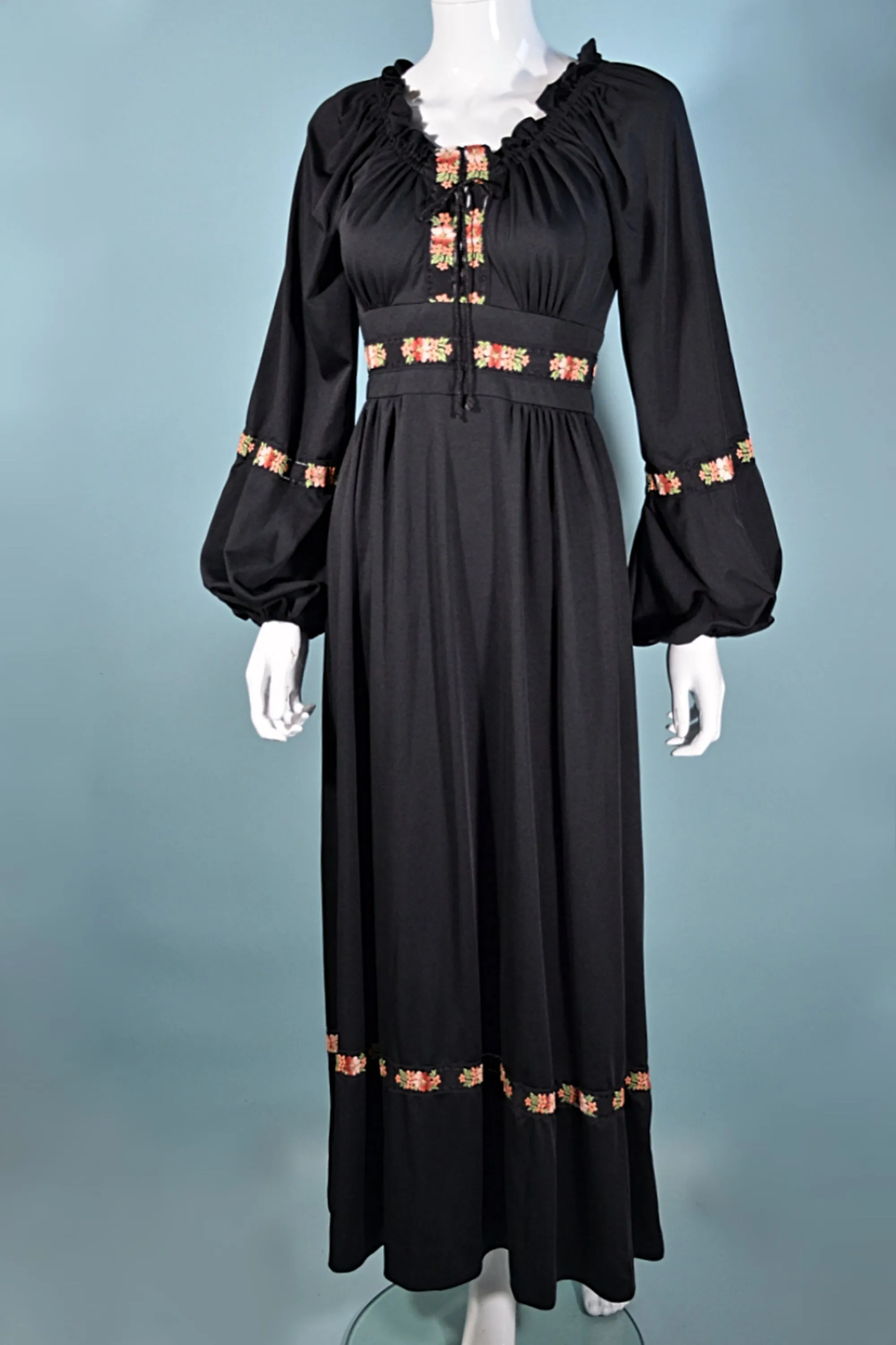 SOLD Vintage 70s Black Hippie Maxi Dress, Floral Accents by Jody of Calif XS/S