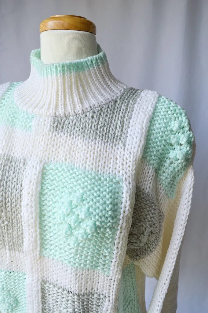 Teal and Gray Patchwork Knit Turtleneck Sweater | Medium-Large