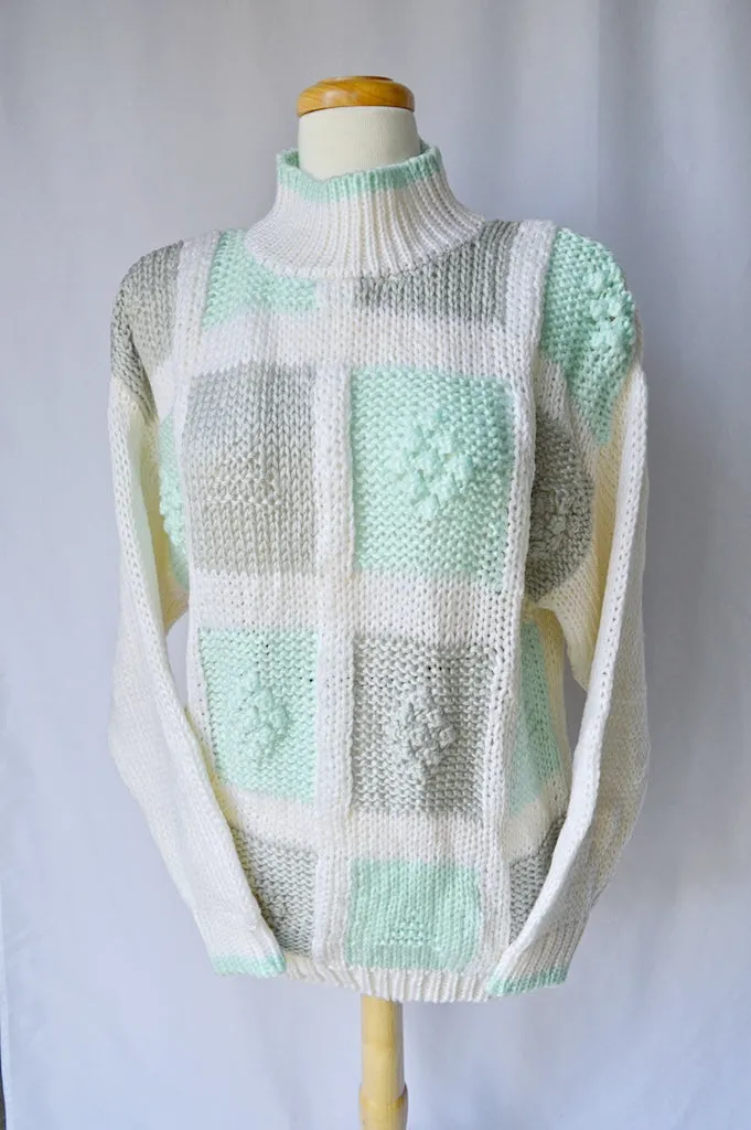 Teal and Gray Patchwork Knit Turtleneck Sweater | Medium-Large