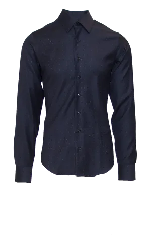 WHITE DOTTED DEEP NAVY FITTED COTTON DRESS SHIRT