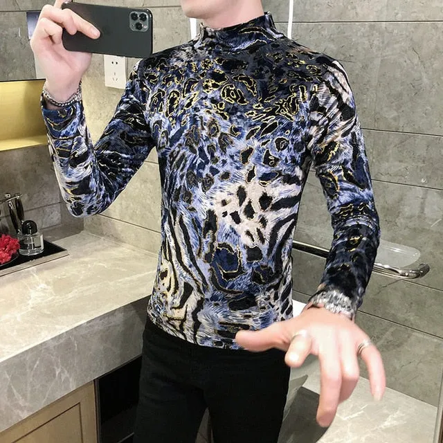 White Leopard Printed Long Sleeve Turtleneck T-Shirt